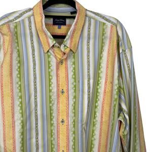 Indigo Palms XXL Shirt Stripe‎ Floral Print Cotton Resort Casual Made in Macau